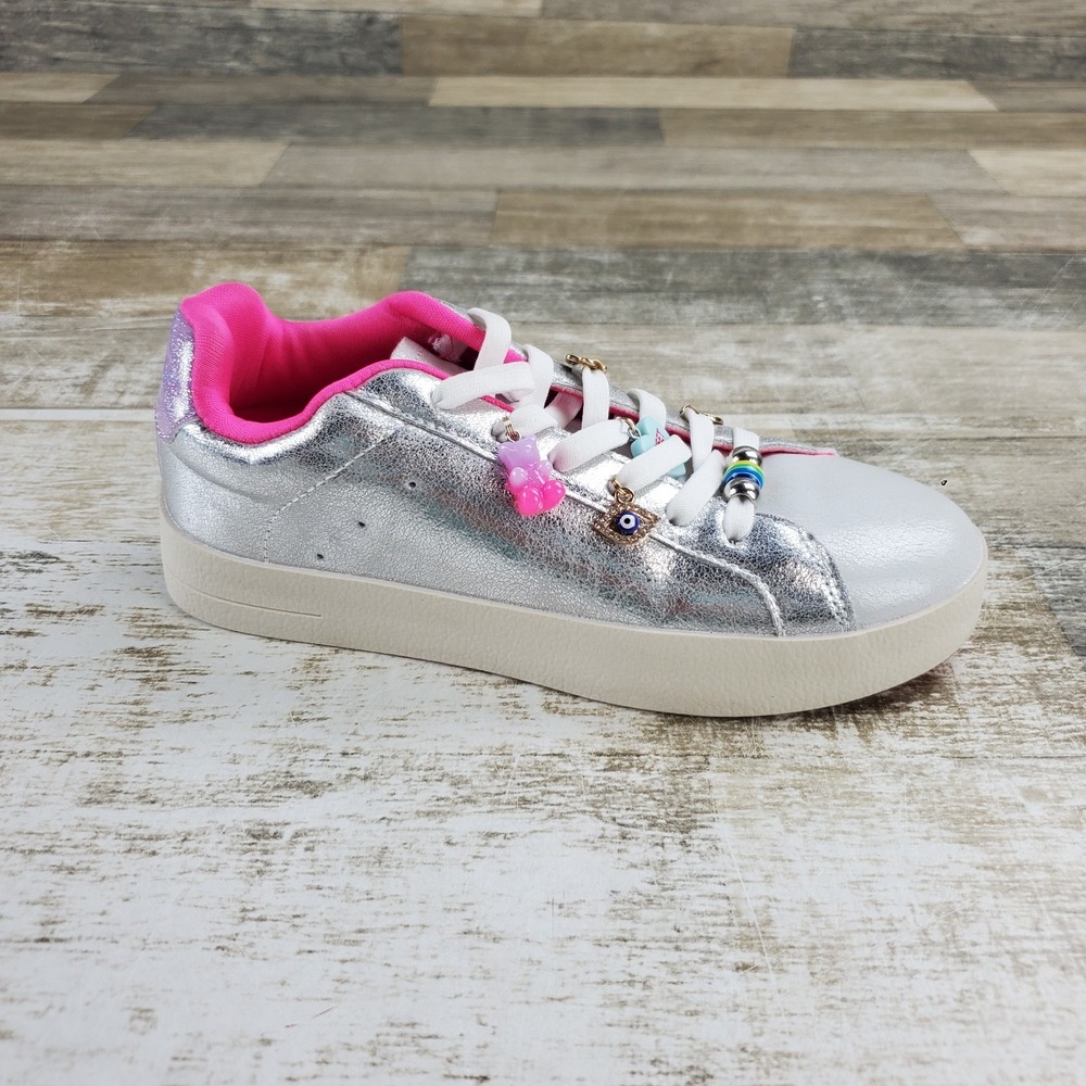 Steve Madden Poet Girl's Fashion Shoes Sz 1 M Silver Metallic Lace-Up Sneakers
